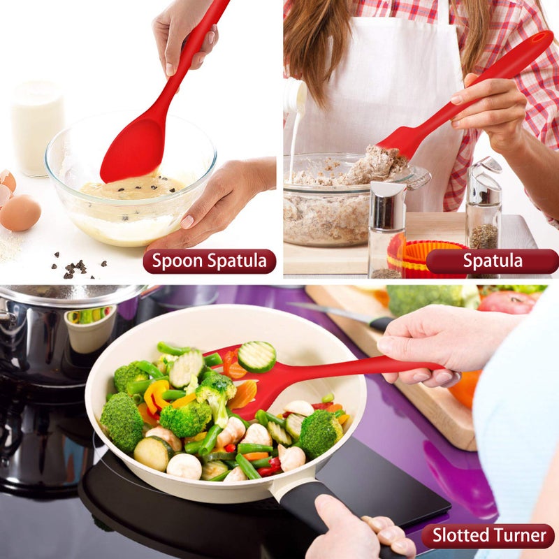 P&P CHEF Silicone Cooking Utensils Set of 7, Heat-proof Kitchen Utensils Set for Nonstick Cookware, Non-stick Spatula, Slotted Turner, Soup Ladle, Pasta Server, Spoon for Cooking Serving - Red - Image 5